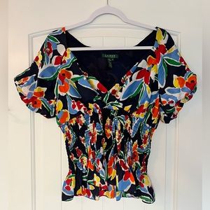 Ralph Lauren Silk Babydoll Smocked Puff Sleeve Blouse